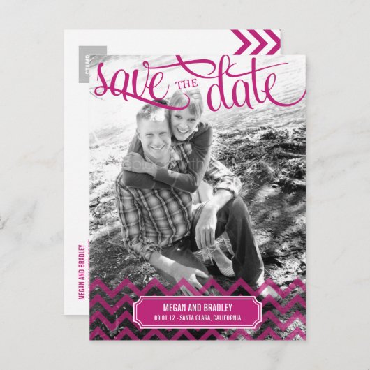 Funky Couple Save The Date Briefkaart - Helderroze (Voorkant / Achterkant)