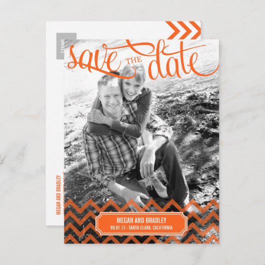 Funky Couple Save The Date Briefkaart - Sinaasappe (Voorkant / Achterkant)