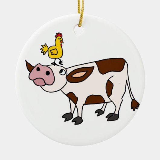 Funky Cow met Chicken op haar hoofd Cartoon Keramisch Ornament (Voorkant)