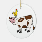 Funky Cow met Chicken op haar hoofd Cartoon Keramisch Ornament (Links)