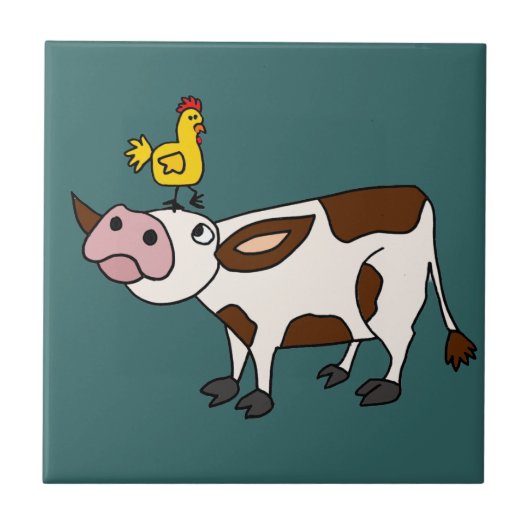 Funky Cow met Chicken op haar hoofd Cartoon Tegeltje (Voorkant)
