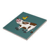 Funky Cow met Chicken op haar hoofd Cartoon Tegeltje (Zijkant)