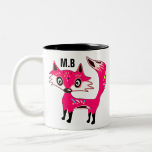 Funky Cute Pink Fox Monogram Tweekleurige Koffiemok