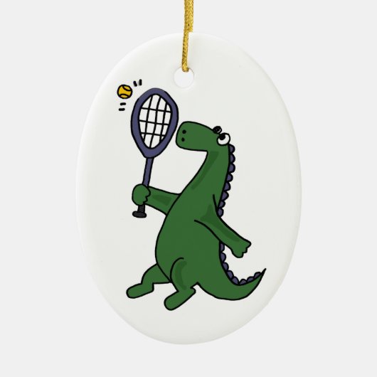 Funky Dinosaur Plays Tennis Cartoon Keramisch Ornament (Voorkant)