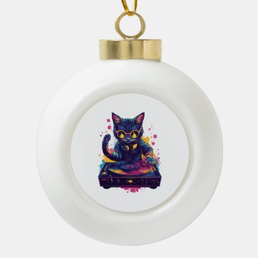 Funky DJ Cat – Retro Disco Kitty Feest Keramische Bal Ornament (Voorkant)