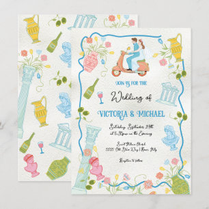 Funky Drawn Italiaanse bruid bruidegom op scooter  Kaart