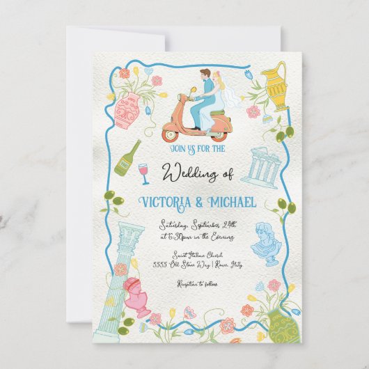 Funky Drawn Italiaanse bruid bruidegom op scooter Kaart (Voorkant)