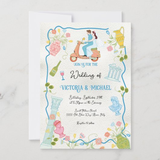 Funky Drawn Italiaanse bruid bruidegom op scooter Kaart (Voorkant)