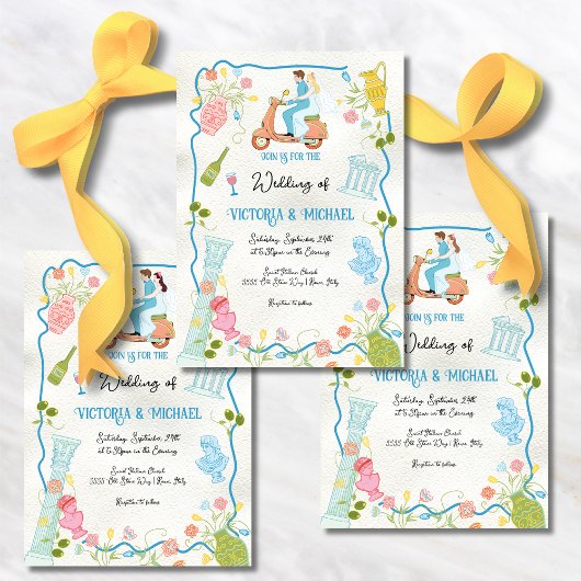 Funky Drawn Italiaanse bruid bruidegom op scooter  Kaart