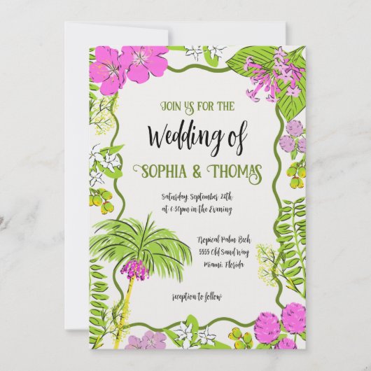 Funky Drawn Tropical Floral Wedding Kaart (Voorkant)