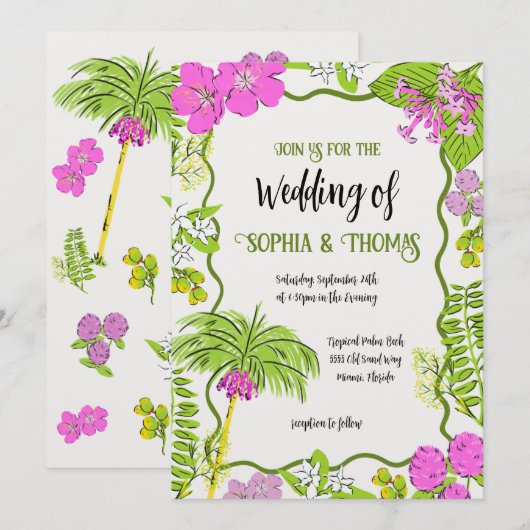 Funky Drawn Tropical Floral Wedding Kaart (Voorkant / Achterkant)