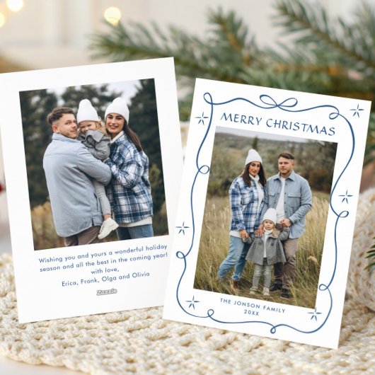 Funky Dusty Blue Christmas Bow Ribbon 2 Photo Feestdagenkaart