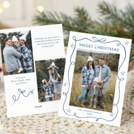 Funky Dusty Blue Christmas Bow Ribbon 3 Photo Feestdagenkaart