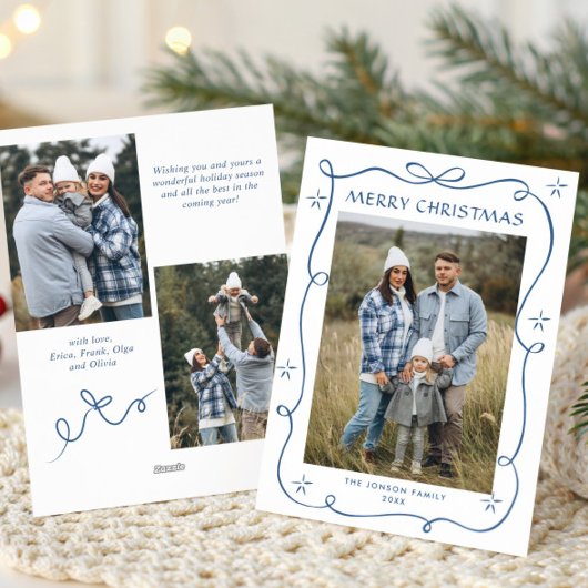 Funky Dusty Blue Christmas Bow Ribbon 3 Photo Feestdagenkaart