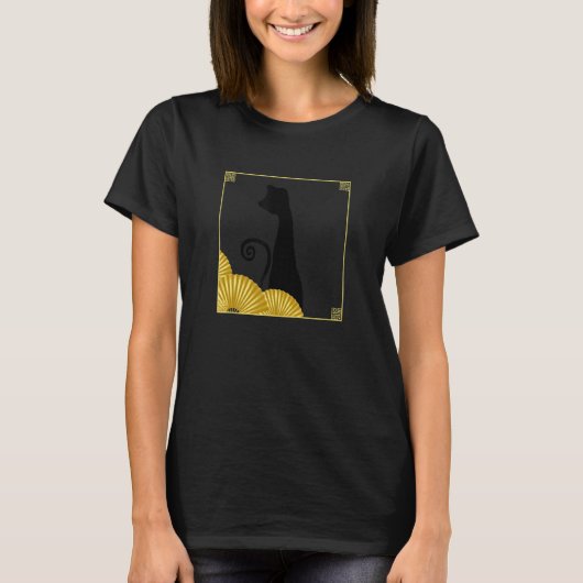 Funky East Asian Style Black Cat in Frame with Gol T-shirt (Voorkant)