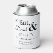Funky Eat Drink en Be Fifty Retro 50th Verjaardag Blikjeskoeler (Blikje Voorkant)