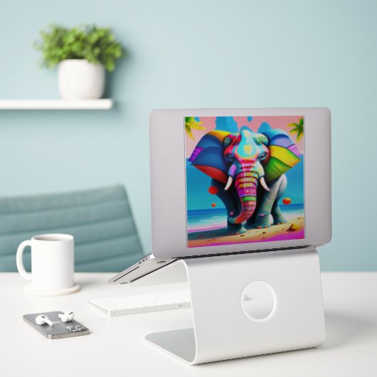 Funky en speelse regenboog olifant print  sticker (Laptop op bureau)