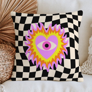 Funky Evil Eye Hart in Vlammen Retro Geruit Kussen