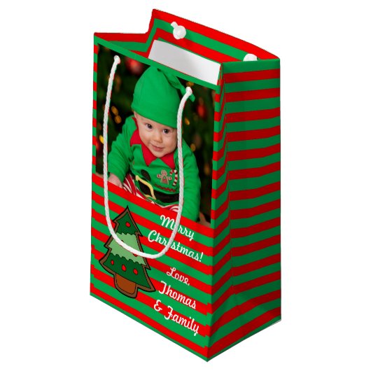 Funky Festive Tree and Stripes Custom Photo Klein Cadeauzakje (Voorkant Gekanteld)
