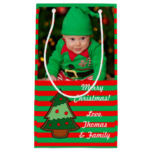 Funky Festive Tree and Stripes Custom Photo Klein Cadeauzakje