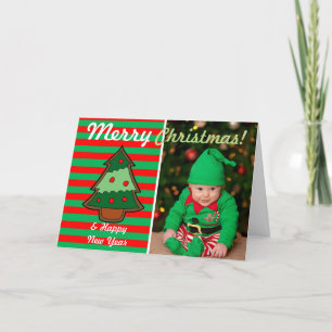 Funky Festive Tree en Elf Stripes Custom Photo Feestdagen Kaart