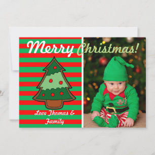 Funky Festive Tree en Elf Stripes Custom Photo Feestdagenkaart