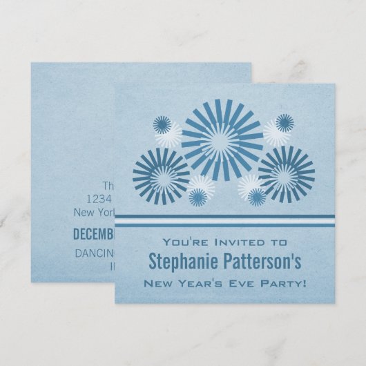 Funky Fireworks New Year's Eve Invite, Blue Kaart (Voorkant / Achterkant)