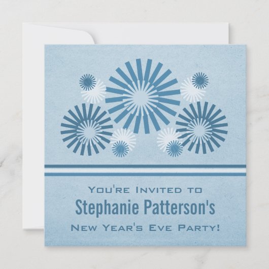 Funky Fireworks New Year's Eve Invite, Blue Kaart (Voorkant)