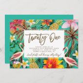 Funky Flamingo Tropical 21e verjaardag uitnodiging (Voorkant / Achterkant)