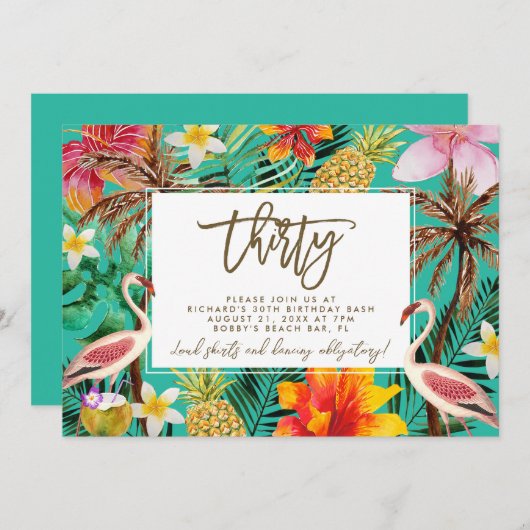 Funky Flamingo Tropical 30e verjaardag uitnodiging (Voorkant / Achterkant)