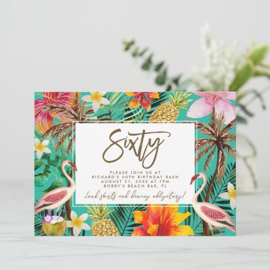 Funky Flamingo Tropical 60e verjaardag uitnodiging (Staand voorkant)