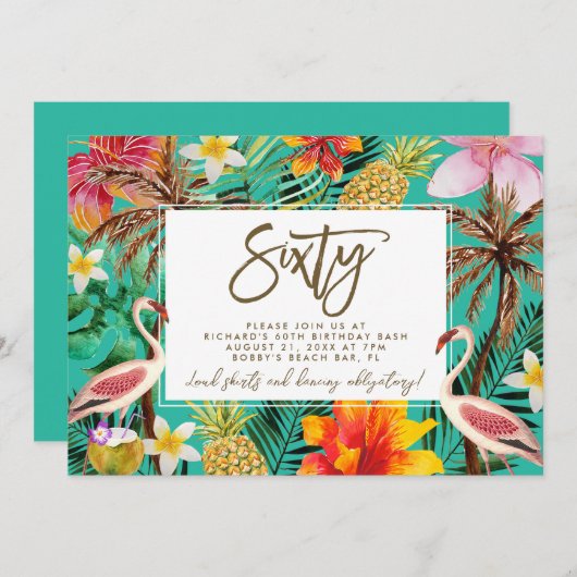 Funky Flamingo Tropical 60e verjaardag uitnodiging (Voorkant / Achterkant)