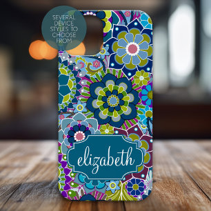 Funky Floral Pattern met aangepaste naam iPhone 15 Case