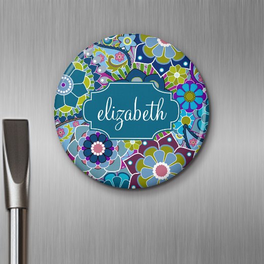 Funky Floral Pattern met aangepaste naam Magneet