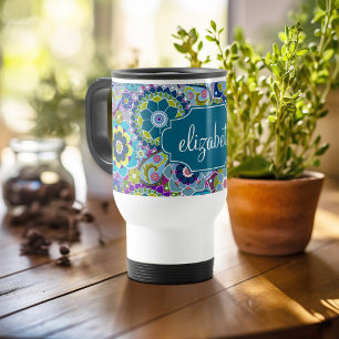 Funky Floral Pattern met aangepaste naam Reisbeker