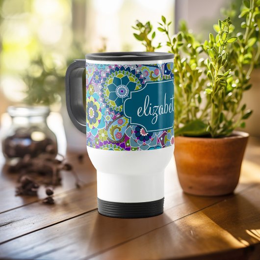 Funky Floral Pattern met aangepaste naam Reisbeker