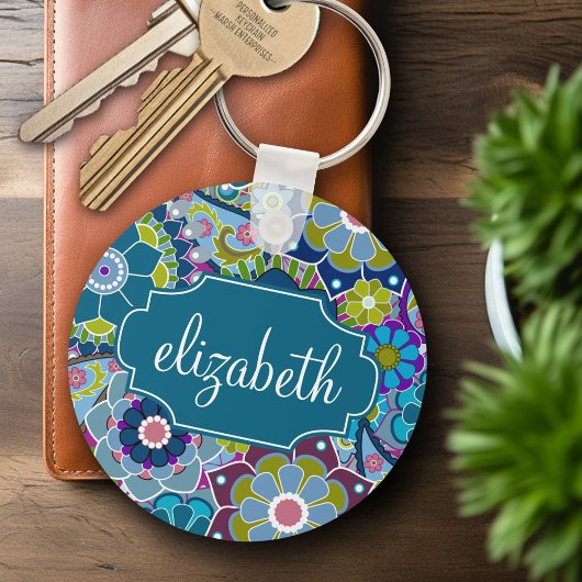 Funky Floral Pattern met aangepaste naam Sleutelhanger