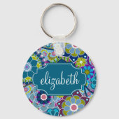 Funky Floral Pattern met aangepaste naam Sleutelhanger (Voorkant)