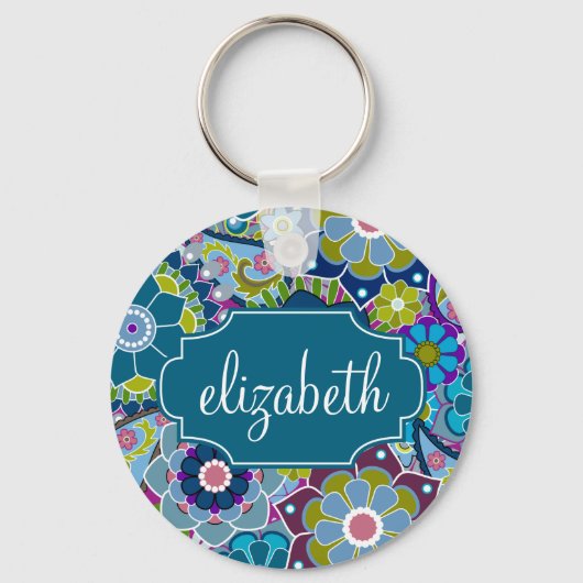 Funky Floral Pattern met aangepaste naam Sleutelhanger (Voorkant)