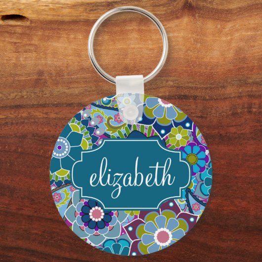 Funky Floral Pattern met aangepaste naam Sleutelhanger (Voorkant)