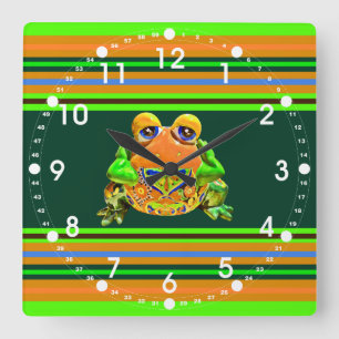 Funky Frog Oranje Green Striped Novelty Gifts Vierkante Klok