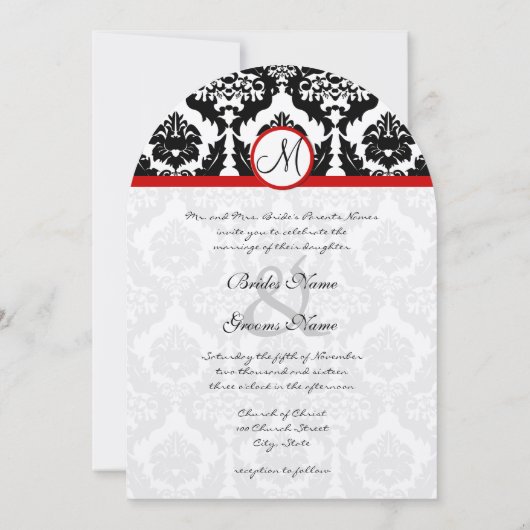 Funky & Fun Black Damask Red Trim Wedding Invites Kaart (Achterkant)