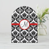 Funky & Fun Black Damask Red Trim Wedding Invites Kaart (Staand voorkant)