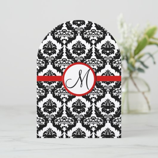 Funky & Fun Black Damask Red Trim Wedding Invites Kaart (Staand voorkant)