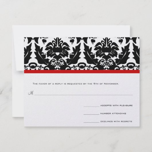 Funky & Fun Black Damask Red Trim Wedding RSVP (Achterkant)