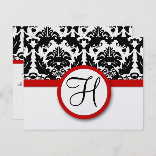 Funky & Fun Black Damask Red Trim Wedding RSVP (Voorkant / Achterkant)