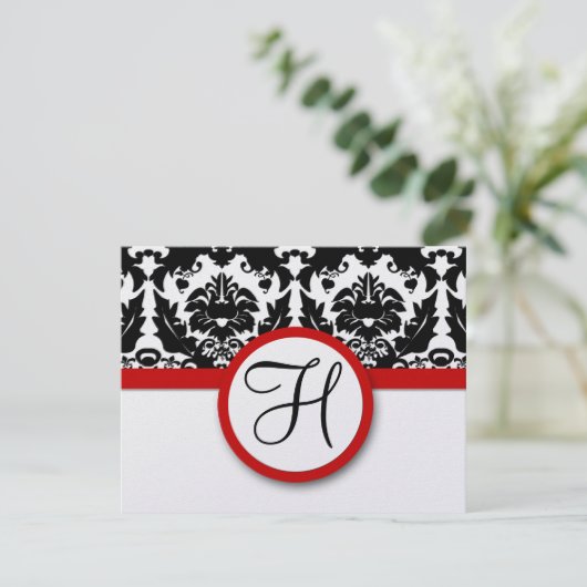 Funky & Fun Black Damask Red Trim Wedding RSVP (Staand voorkant)