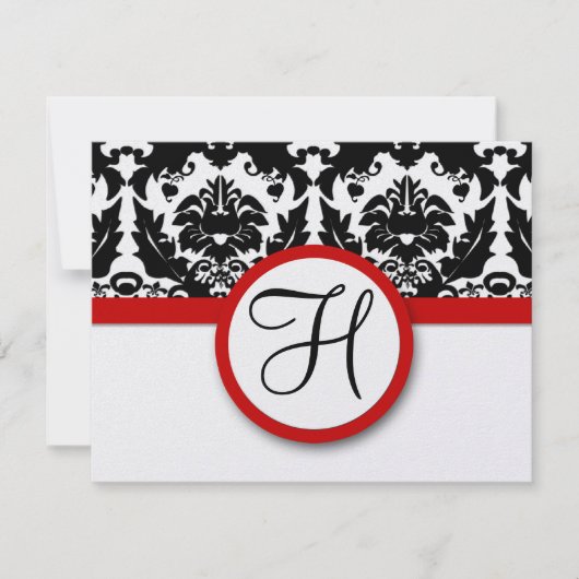 Funky & Fun Black Damask Red Trim Wedding RSVP Kaartje (Voorkant)