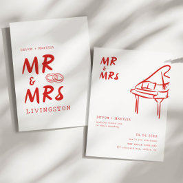 Funky Fun Retro Red Mr. & Mrs. Illustrated Wedding Kaart
