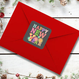 Funky gelukkig nieuwjaar vierkante sticker